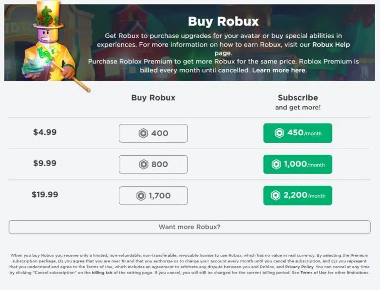 Buy Robux Roblox Page