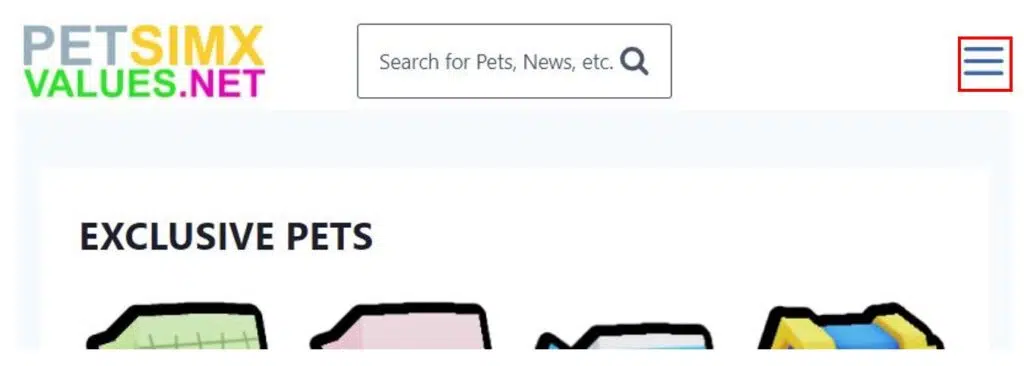 Pet Sim X Values Mobile Menu